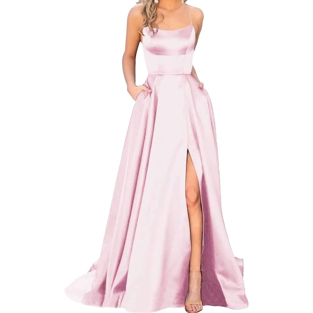 Women’s open back satin dress with slit and pockets